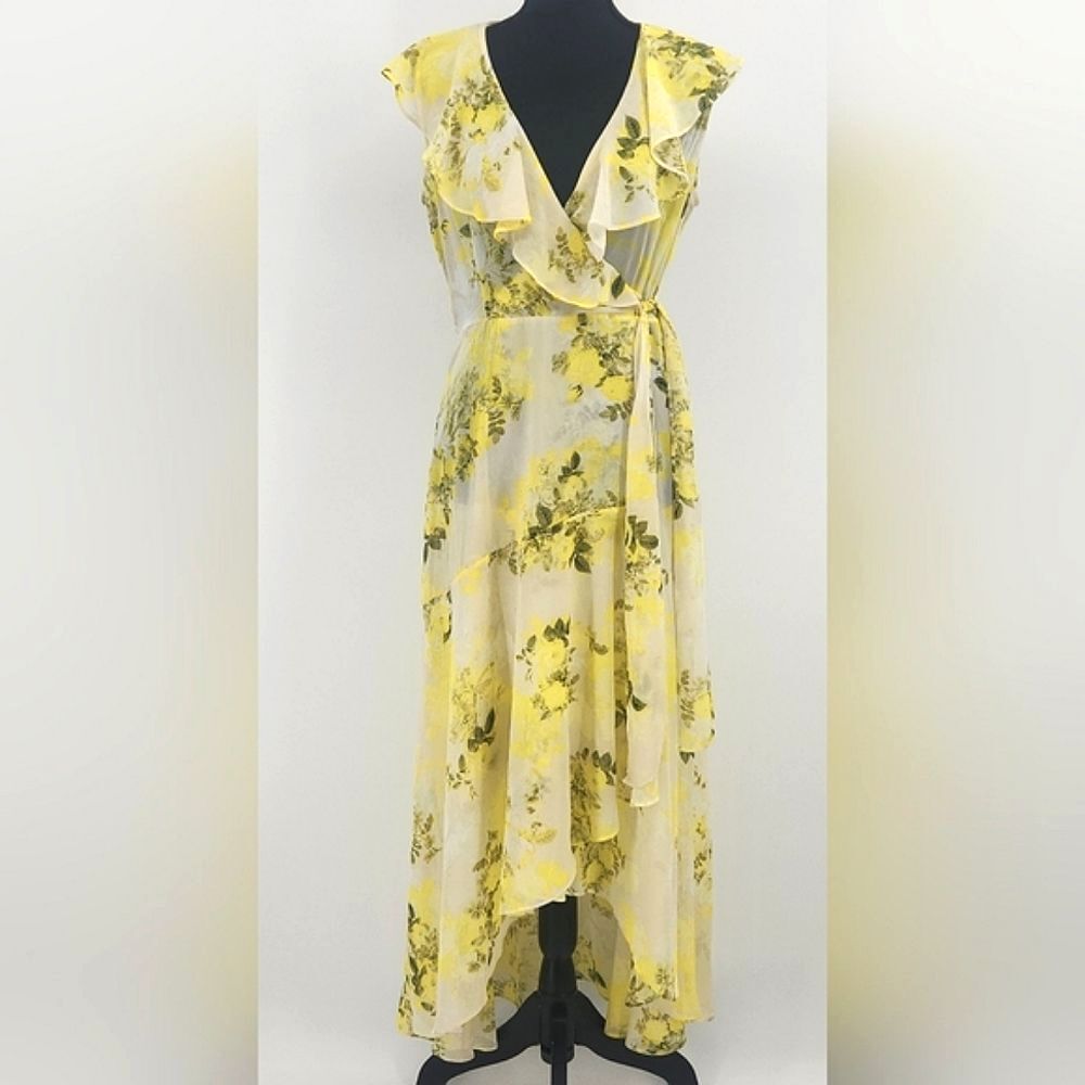 Calvin Klein Sheer Maxi Wrap Dress Size 6 Yellow Floral Chiffon Garden Fairy